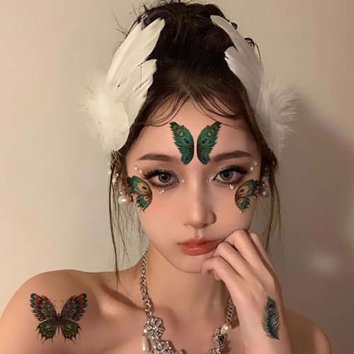 Glitter Butterfly Peacock Feather Waterproof Temporary Tattoo Sticker for Women Wings Fake Tattoo Stickers Face Eye Makeup Birthday Party Favors 10 sheets