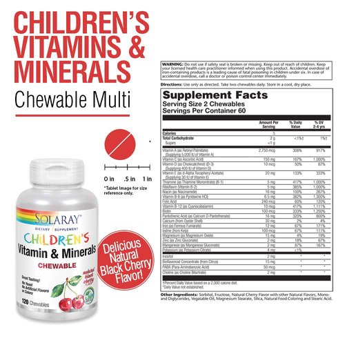 Solaray Childrens Vitamins & Minerals Complete Multivitamin for Kids Great Black Cherry Flavor (076280047974) (120 Chews, 60 Serv)