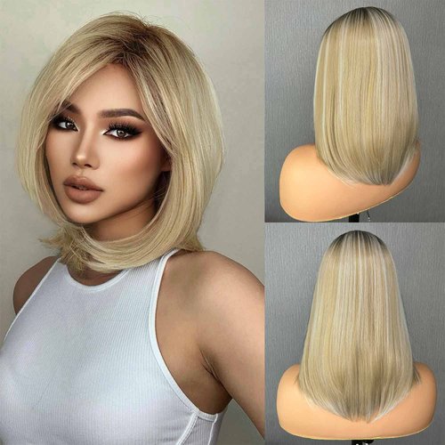 WOCO T Front Lace Bob Wigs Black to Gold and white Wigs Shoulder Length Wigs Kanekalon Futura Fiber Fashion Wigs with Dark Roots Natural Looking Daily Party Halloween Colored Wig