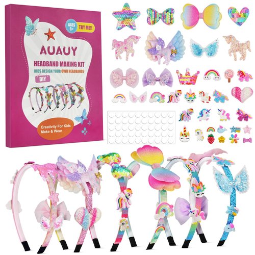 AUAUY Girly Headbands Making Kit for Girls, Fashion DIY Band Hair Accessories for Girls Age 5+, Creative Unicorn Headband Making Kits Toys for Kids Girls Age 5-12 Birthday Gifts & Presents