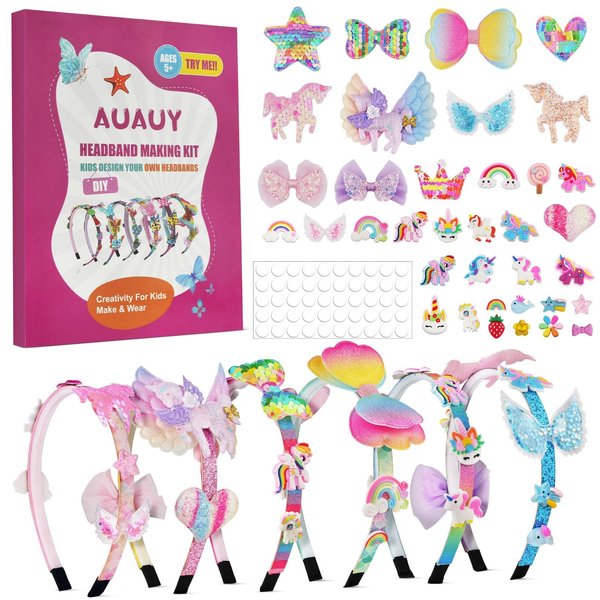 AUAUY Girly Headbands Making Kit for Girls, Fashion DIY Band Hair Accessories for Girls Age 5+, Creative Unicorn Headband Making Kits Toys for Kids Girls Age 5-12 Birthday Gifts & Presents