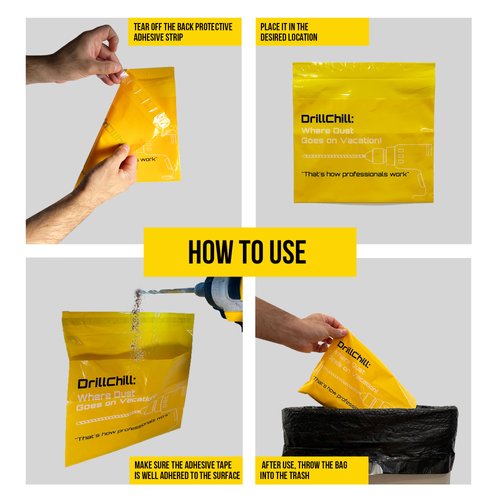 DrillChill Drilling Dust Catcher Bags - 30PCS Disposable Yellow Dust Collector Bags for Drywall, Brick, Concrete Wall Drilling, Self-Adhesive, PRO and DIY Use, Trash Bags, Keeps Floors Clean