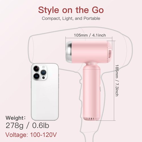 Webeauty Hair Dryer, [Super Mini] Ionic High-Speed Blow Dryer 110V Travel 200 Million Negative Ions, 110,000RPM Brushless Motor for Home Salon Fast Drying Portable Lightweight, Pink