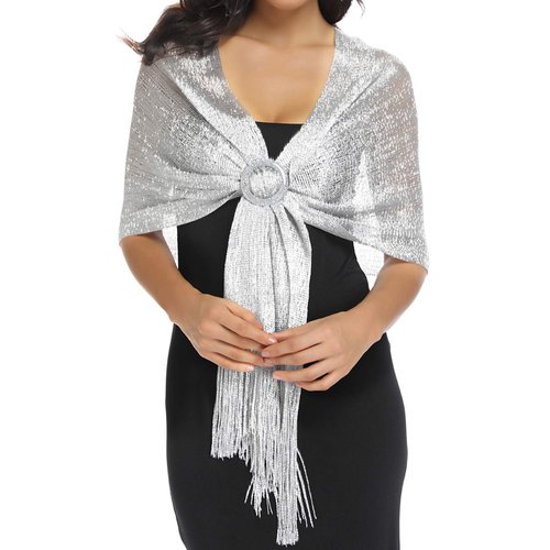 Rheane Silver Shawl for Evening Dresses and Weddings - Glittery Fall Wedding Wrap