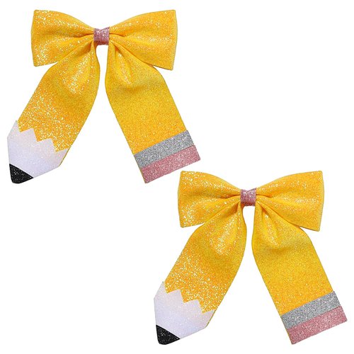 Hair Bows Clips Back to School Hair Clips Hairgrips Hand Painted Pencil Hair Bow Barrette Ribbon Snap Hairpin Handmade for First Day of School Kindergarten Hair Accessories 2PCS