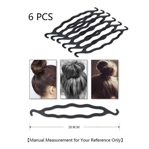 6Pcs Black Resin Double-end Hook Hair Bun Makers Foldable Anti-slip Hair Donut Shapers Hair Roll-up Updo Braiding Tools Insert Pads Holders for Women Girls Hair Styling