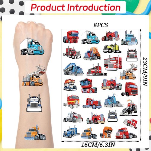 Yoyuspy Semi Truck Temporary Tattoos - 200+ Semi Truck Car Birthday Decorations Truck Car Fake Tattoo Temporary Stickers Gifts for Kids Semi Truck Theme Party Favors Supplies for Kids Prizes Reward