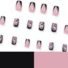 Butterfly Press on Nails Medium Square French Tip Fake Nails Black with Rhinestones Glitter Design Acrylic Glue on Nails Full Cover Pink False Nails Stick on Nails for Women Girls Manicure 24Pcs
