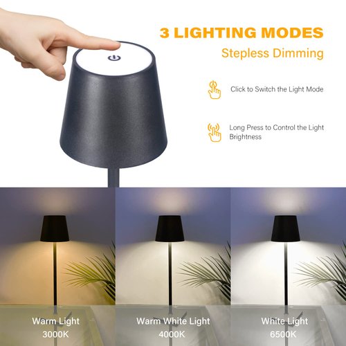 CHLORANTHUS Cordless Table Lamps, 3 Colors Stepless Dimming, 5000mAh Rechargeable Battery LED Desk Lamp for Bedroom/Couple Dinner/Desk/Cafe/Dining Room/Terrace (Black)