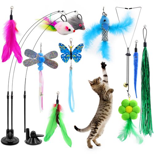 BEIJITA Cat Toys, 3 in 1 Interactive Cat Toy for Indoor Cats with 2 Super Suction Cup, 10PCS Cat Feather Toys Refills, 3PCS Cat Wand Spring, Kitten Toys for Boredom and Stimulating