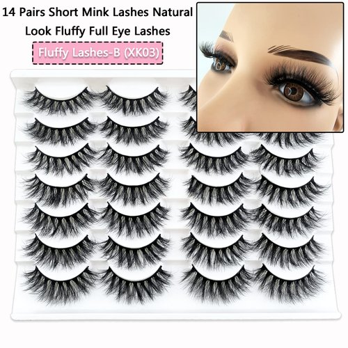 14 Pairs Short Mink Lashes Natural Look, 3D Wispy 12-18mm Cat-Eye Faux Mink Lashes Fluffy, Natural Wispy False Eyelashes Pack by Heracks (XK03)