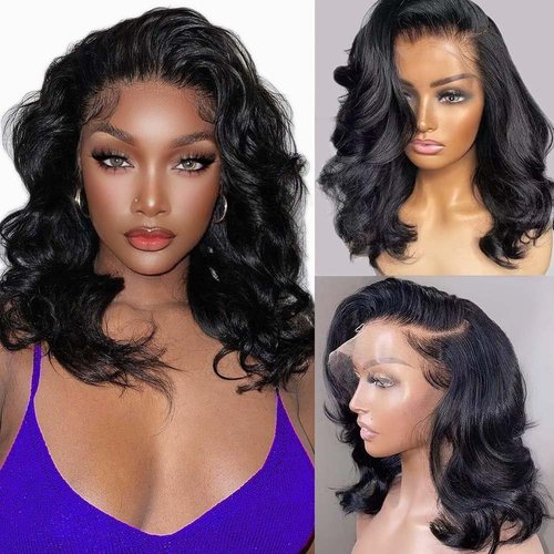 STOGEDEST Bob Wig Human Hair 13x4 Body Wave HD Lace Front Wigs Human Hair 180% Density Glueless Wigs Human Hair Pre Plucked Short Bob Wigs for Black Women Human Hair Natural Black Color 14inch