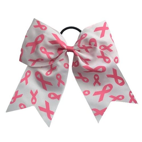 NEW "BREAST CANCER Fancy Ribbons BLUSH" Cheer Hair Bow Pony Tail 7 Inch Girls Cheerleading Practice Games School Uniform Hairbow Awareness Event