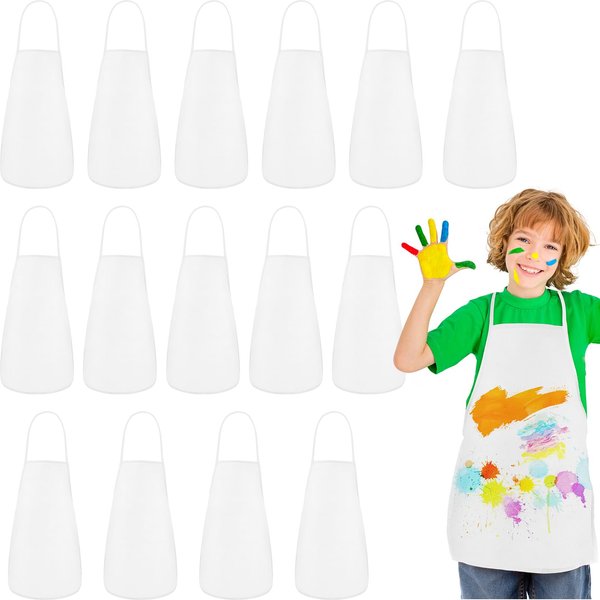 PLULON 15 Pcs Kids Apron Painting Aprons for Kids, Kids Aprons for Painting White Aprons Art Apron Smocks Bulk for Art Painting Activity Craft Home Kitchen Classroom Party Supplies