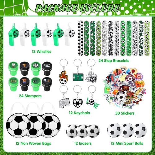 Aoriher 158 Pcs Soccer Party Favors Set Bulk Sport Non Woven Gift Bags Slap Bracelets Mini Bouncy Balls Toy Whistle Keychains Sticker Stampers for Sport Party Supplies(Soccer)