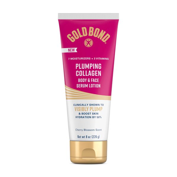 Gold Bond Plumping Collagen Body and Face Serum Lotion, Lightweight Hydrating Moisturizer with Collagen Peptide Complex, Jojoba and Grapeseed Oils to Visibly Plump Skin, Cherry Blossom Scent, 8 oz
