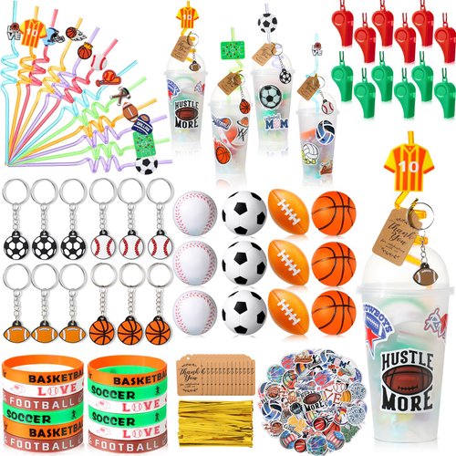 Weysat 184 Pcs Sport Party Favors, Sport Party Goodie Bag Fillers Cup Straw Sports Stress Ball Keychain Sticker Wristband Whistle Thank You Tags for Sports Birthday Decorations (Sports Style)
