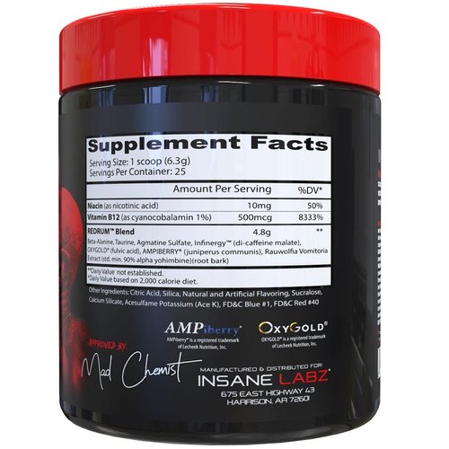 Insane Labz Redrum High Stim Pre Workout NO Booster Powder, Loaded with Beta Alanine Agmatine Sulfate Taurine Fueled by AMPiberry, OXYgold,Focus Strength Recovery,25 Srvgs Devil's Blood Black Cherry
