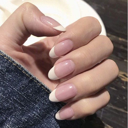 RikView French Press on Nails Oval Glossy Fake Nails Short White False Nails Full Cover Prom Nails for Women and Girls 24PCS/Set