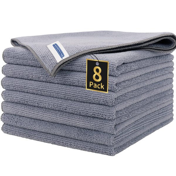HOMERHYME Premium Microfiber Cleaning Cloth, 8 Pack Cleaning Rags, Lint-Free 300GSM High-Performance Ultra Absorbent, Reusable Cleaning Towels Washcloths for Household Kitchen Grey 12.6" x 12.6"