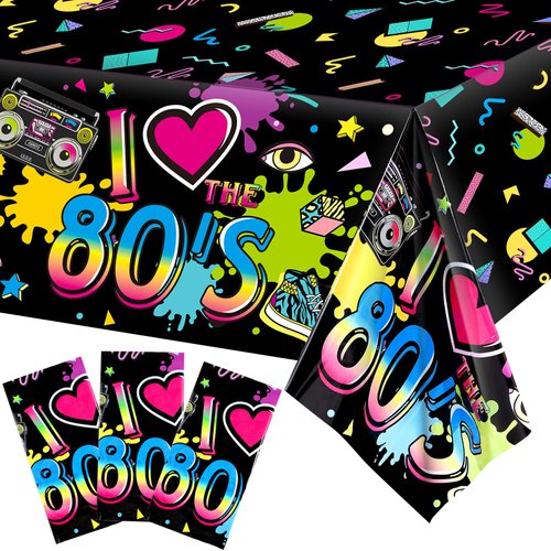 Tegeme 3 Pack 80s Plastic Party Tablecloth 80's Party Table Cover 80s Birthday Party Supplies The 80's Hip Hop Party Decoration Throwback Birthday Party Decoration for Dining Room, 54 x 108''