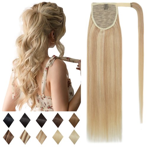 SEGO Ponytail Extension Human Hair Real Human Hair Clip In Wrap Around Long Straight Ponytail With Magic Paste Pony Hairpieces for Women -20 Inch 95g 18P613 Ash Blonde&Bleach Blonde