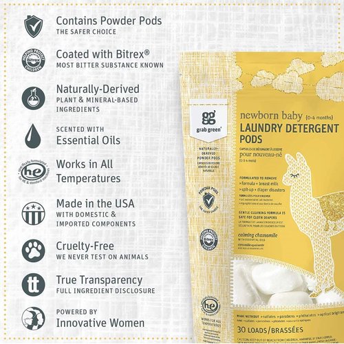 Grab Green Newborn Baby Laundry Detergent Pods and Dryer Sheets Bundle, 30 Count Pods and 40 Dryer Sheets, Calming Chamomile Scent, Plant and Mineral Based Laundry Care Set