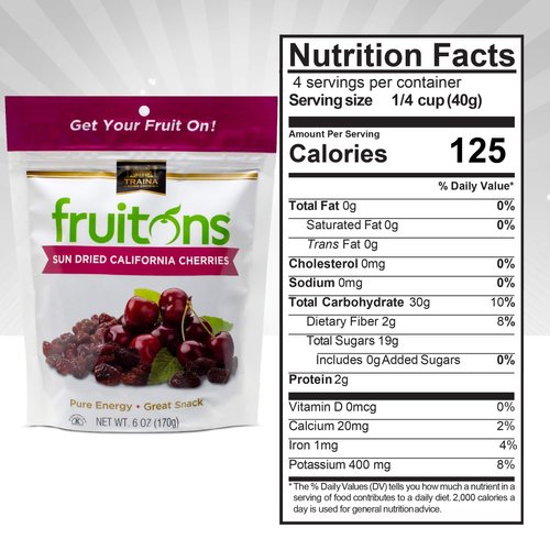 Traina Home Grown Fruitons California Sun Dried Cherries - No Sugar Added, Non GMO, Gluten Free, Kosher Certified, 6 oz pouch (pack of 2)