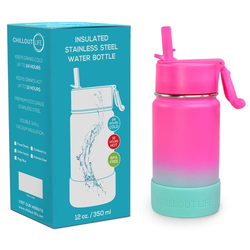 CHILLOUT LIFE 12 oz Kids Insulated Water Bottle for School with Straw Lid Leakproof and Cute Waterproof Stickers, Personalized Stainless Steel Thermos Flask Metal Water Bottle for Girls & Boys