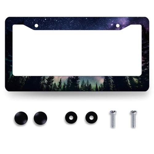 Galaxy Forest License Plate Frame Colorful Galaxy Moon Stars License Plate Personalise Stainless Steel Rust-Proof Auto Parts Funny License Plate Cover Beautiful Decoration with Screws 12.3"x 6.3"