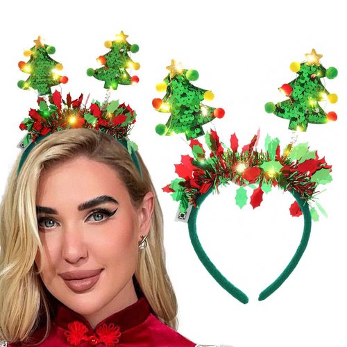 Metisee Christmas Headbands Christmas Tree Hairband Green Sequins Hair Band LED Glow Headpiece Light Up Headbands Party Holiday Hair Accessories for Women and Girls