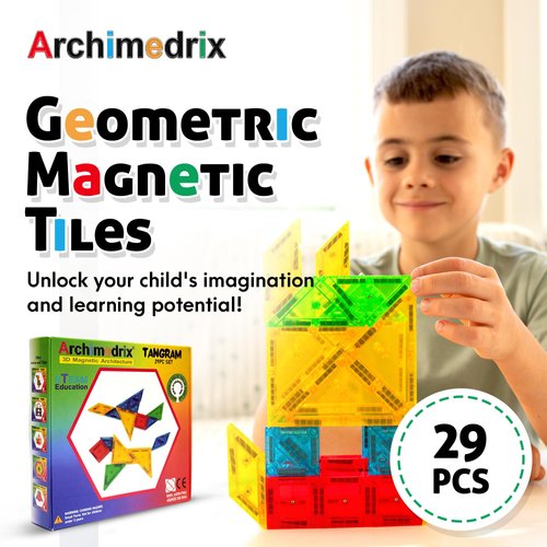 Archimedrix - Tangram Magnetic Tiles Building Blocks, Lightweight Magnetic Building Blocks, Phthalate and Lead-Free Magnet Blocks, Durable Pattern Blocks, 29 Pieces