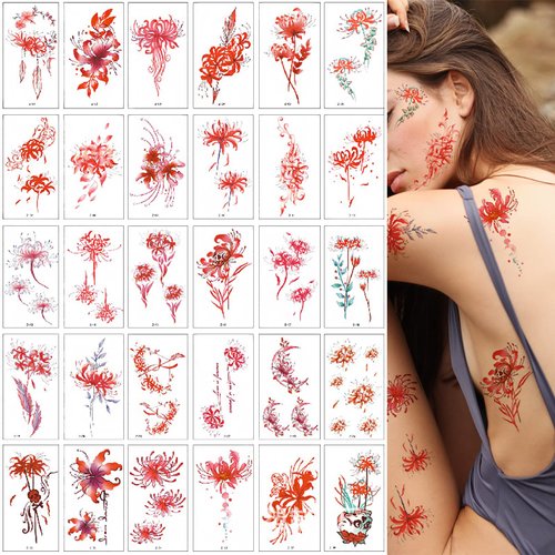30 Sheets Higanbana Temporary Tattoos for Women Girls 3D Equinox Flower Sexy Fake Tattoo Stickers Waterproof Body Art Red Lycoris Temp Tattoo Paper (Lycoris30)