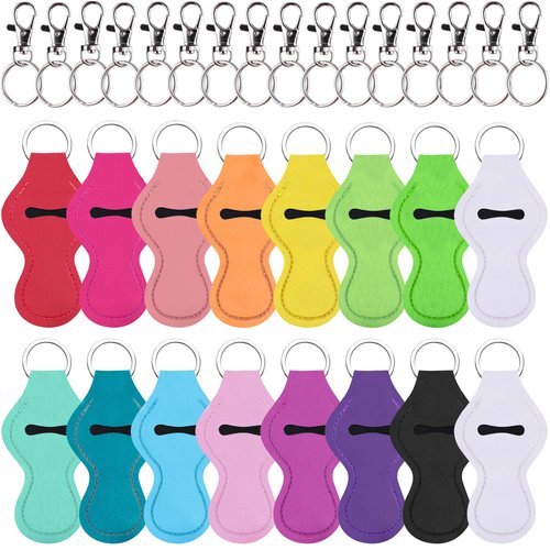 Duufin 16 Pieces Chapstick Holder Keychain Lip Balm Holder Lipstick Keychain Holder Lipgloss Keychains Holder with 16 Pieces Metal Clip Cords for Chapstick Tracker and Safeguard, 15 Color