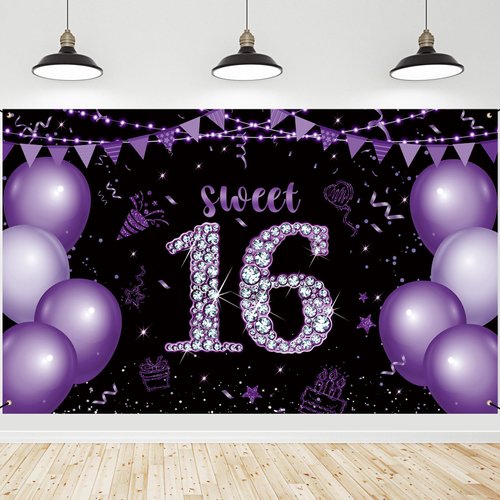 Roetyce Sweet 16 Party Decorations, Black Purple Sweet 16 Banner, 16th Birthday Decorations for Girls, Sweet 16 Birthday Gifts, Purple Happy 16th Birthday Backdrop Background, 16 Years Old Party Decor