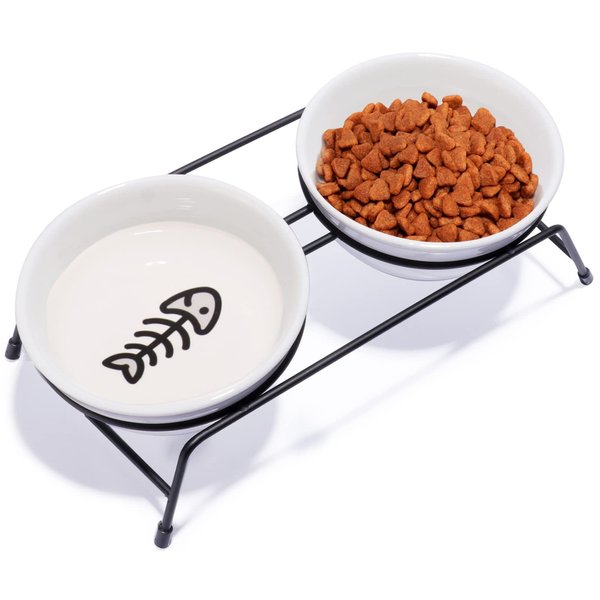 Cat Bowls, Upgraded 13 oz Ceramic Elevated Cat Food Bowls for Food and Water, Raised 2 Cat Dishes with Stainless Steel Stand Non-Slip and Anti-Rust, for Indoor Cats and Small Dog Bowl, Dishwasher Safe