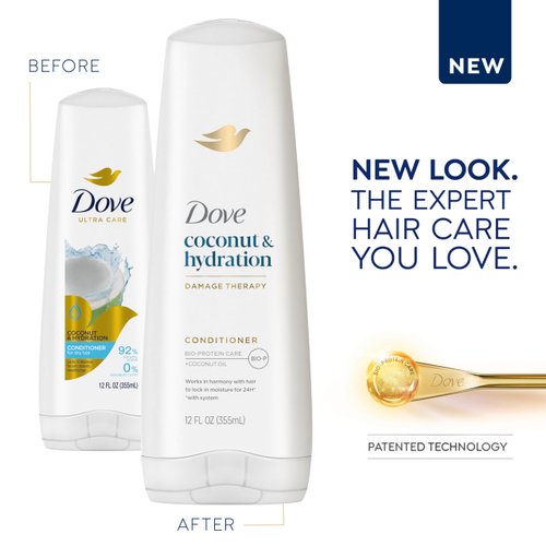 Dove Conditioner for Dry Hair, Coconut & Hydration Damage Therapy, 12 fl oz - Infused with Coconut Oil, Jojoba Oil & Sweet Almond Oil, 92% Natural Origin Formula, Nourishing, Moisturizing, Scented