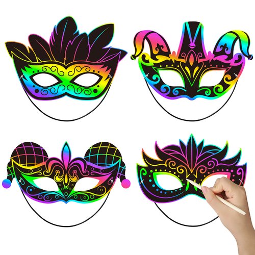 WATINC 24pcs Mardi Gras Halloween Scratch Masks for Kids, Carnival Prom Art Craft Kit, Masquerade Party DIY Magic Color Scratch Paper Mask, Costumes Dress Up Scratch Off Cards Supplies