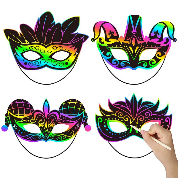 WATINC 24pcs Mardi Gras Halloween Scratch Masks for Kids, Carnival Prom Art Craft Kit, Masquerade Party DIY Magic Color Scratch Paper Mask, Costumes Dress Up Scratch Off Cards Supplies
