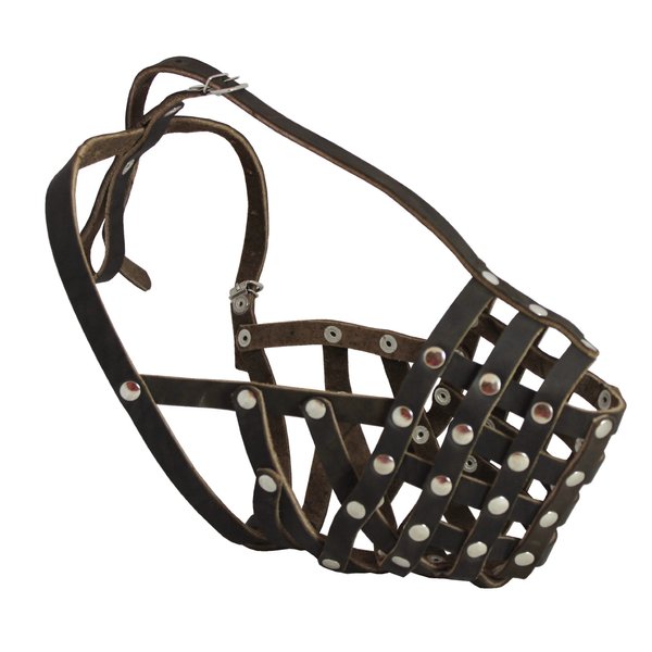 Secure Leather Mesh Basket Dog Muzzle - Rottweiler Male(Circumference 14.5", Snout Length 3.5")