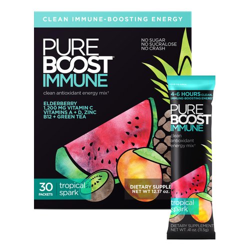 Pureboost Immune Clean Energy Drink Mix: Immunity Supplement with Elderberry, 1200 mg Vitamin C, Vitamins A + D, Zinc, 28 Vitamins, Minerals and Supernutrients (Tropical Spark, 30 Count)