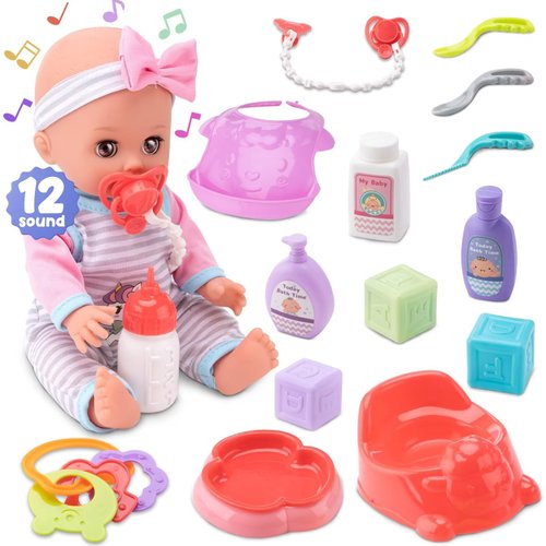MOZOK 16pcs Toddler Baby Doll Accessories Set，Feeding and Caring Doll Toy Set with Clothes, Bottle, Nipple, and Plates, Preschool Baby Doll Birthday Gifts for Kids Ages 3 4 5 6 7 8 Year Old Girls