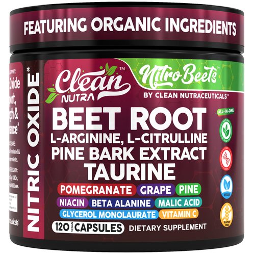Clean Nutra Organic Beet Root Capsules L Arginine L Citrulline Pine Bark Nitric Oxide Beetroot Powder Arginine Citrulline Supplement Pre Workout Supplements Extract – 120 Vegan Pills