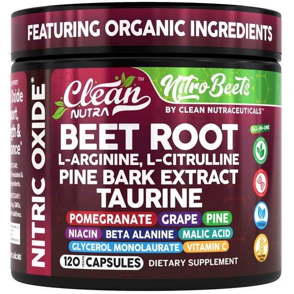 Clean Nutra Organic Beet Root Capsules L Arginine L Citrulline Pine Bark Nitric Oxide Beetroot Powder Arginine Citrulline Supplement Pre Workout Supplements Extract – 120 Vegan Pills