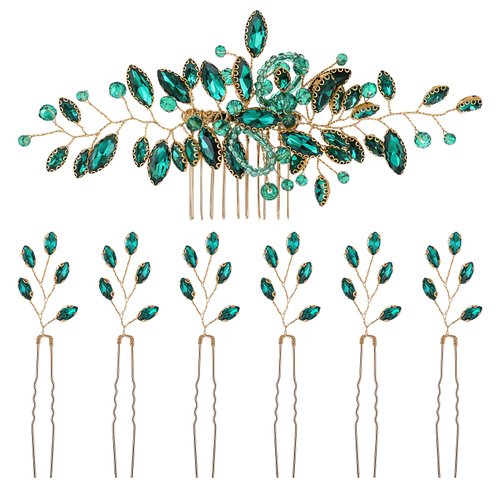 Green Bridal Hair Comb Emerald Green Crystal Bead Party Prom Wedding Bridal Vine Leaf Hair Side Combs U-shaped Hair Pins Headpieces Green Hair Accessories for Brides Bridesmaids Women