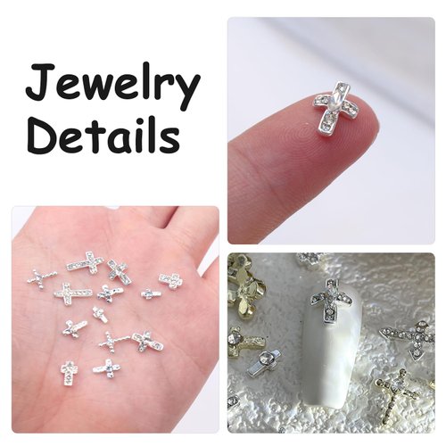 DANNEASY 32pcs 3D Silver Cross Nail Charms Punk Charms for Nails Flat-Back Nail Rhinestone Crystal Gem Diamond Metallic Nail Studs Rivet Acrylic Nail Art Decoration Jewels