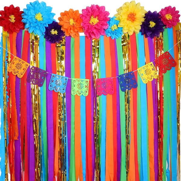 16 Pcs Mexican Paper Flowers Mexican Party Decorations Streamer Backdrop and Papel Picado Banner Mexico Fiesta Party Decorations Supplies Set for Cinco De Mayo Party Wedding Birthday (Elegant Style)