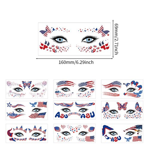 Fourth of July Face Temporary Tattoo,10 Sheets USA Patriotic Tattoos Stickers Red White and Blue Flag Eye Makeup Waterproof Independence Day Temporary for USA Party Favors Decoretions Accessories