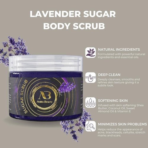 Amira Beauty Lavender Sugar Body Scrub Exfoliating Ultra Hydrating Moisturizing Scrub - Fights Cellulite & Stretch Marks (14oz)