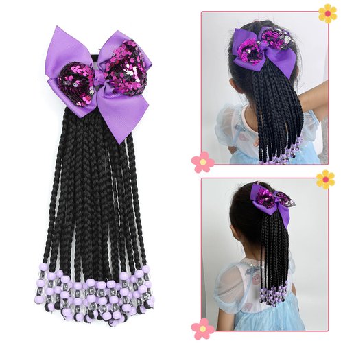 Kids Ponytail Extension With Beads Braids Kids Hair Extensions For Girls Braid Ponytail Extension Hair Beads For Kids Girls Kids Hair Accessories For Girls (Box-9inch, Purple&Transparent)